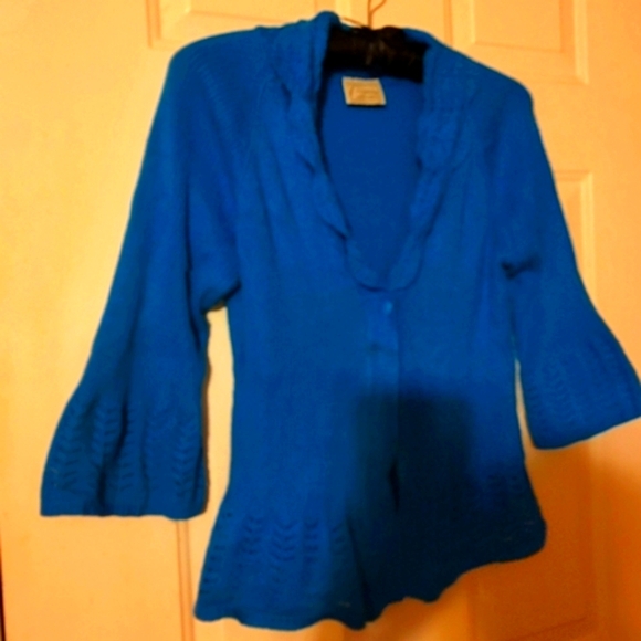 🐦Glorious Vtg 80's Rich Turquoise Crochet Woven Bell Sleeve Cardigan Sweater -S - Picture 11 of 16